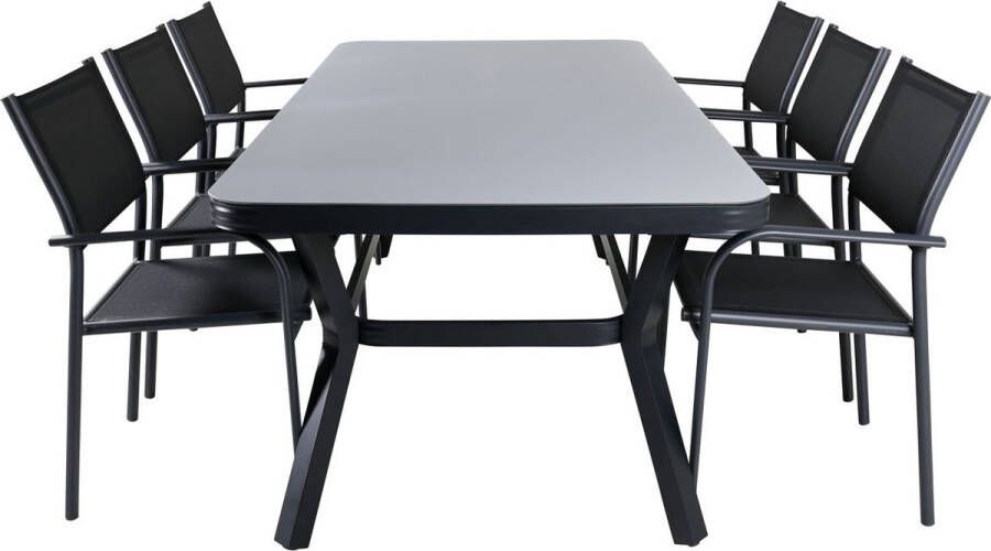 Hioshop Virya tuinmeubelset tafel 100x200cm en 6 stoel Santorini zwart grijs