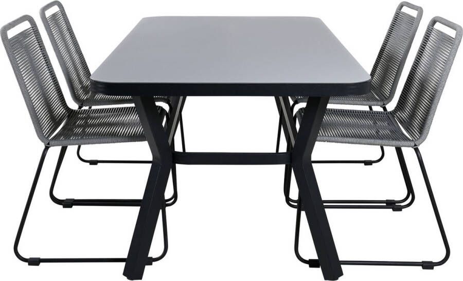 Hioshop Virya Tuinmeubelset Tafel 90x160cm En 4 Stoel Lindos Zwart Grijs.