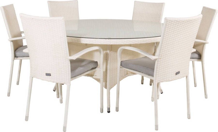 Hioshop Volta tuinmeubelset tafel Ø150cm en 6 stoel Anna wit.