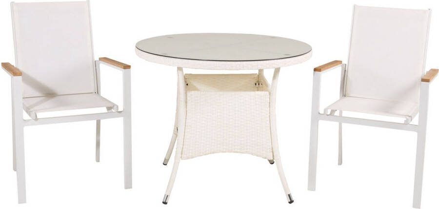 Hioshop Volta tuinmeubelset tafel Ø90cm en 2 stoel Texas wit.