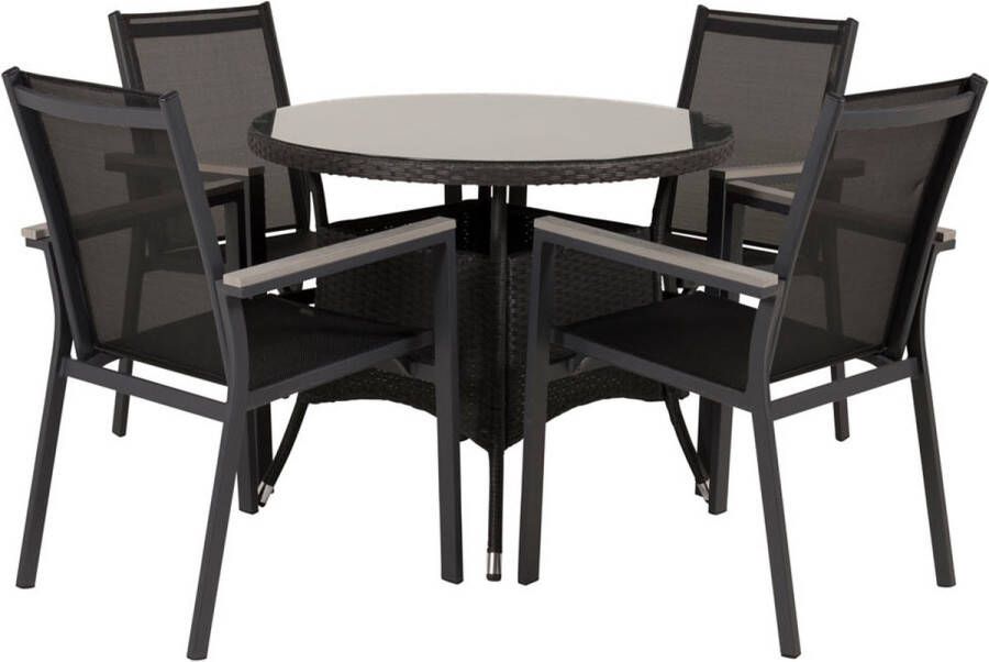 Hioshop Volta tuinmeubelset tafel Ø90cm en 4 stoel Parma zwart