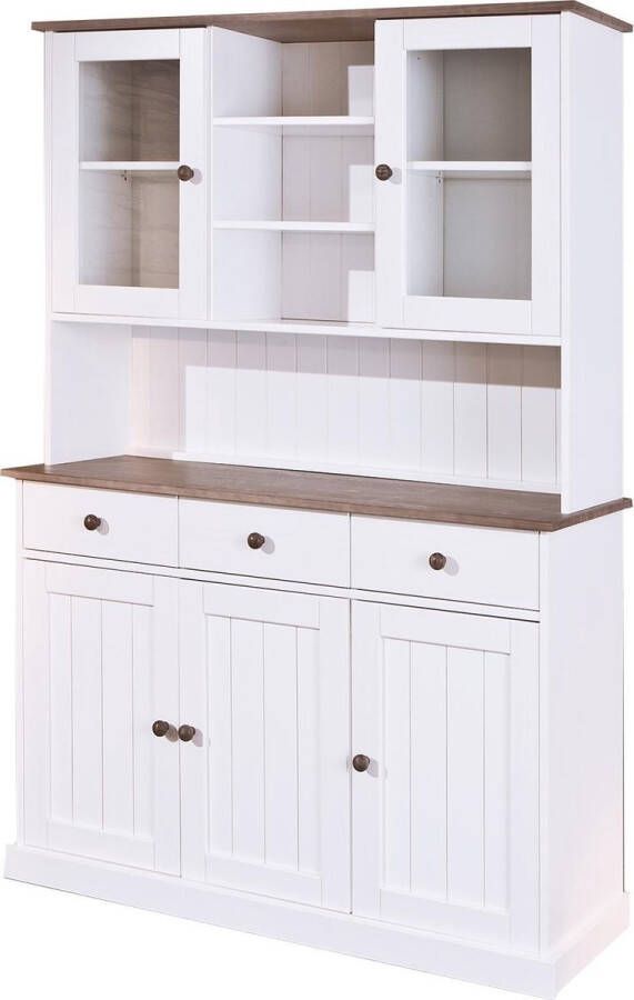 Hioshop Wright dressoir 3 deuren 2 glazen deuren 3 lades 3 open ruimtes wit bruin.