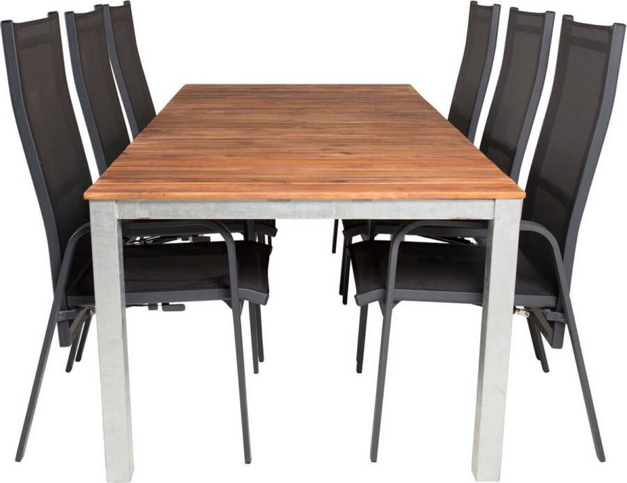 Hioshop Zenia Tuinmeubelset Tafel 100x200cm En 6 Stoel Copacabana Zwart Naturel Zilver.