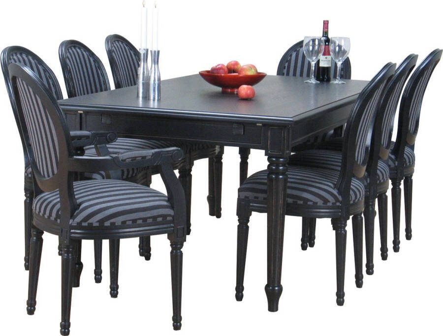 Hioshop Zwart antiek patina barok eethoek Mozart met 8 Rococo stoelen zwart.