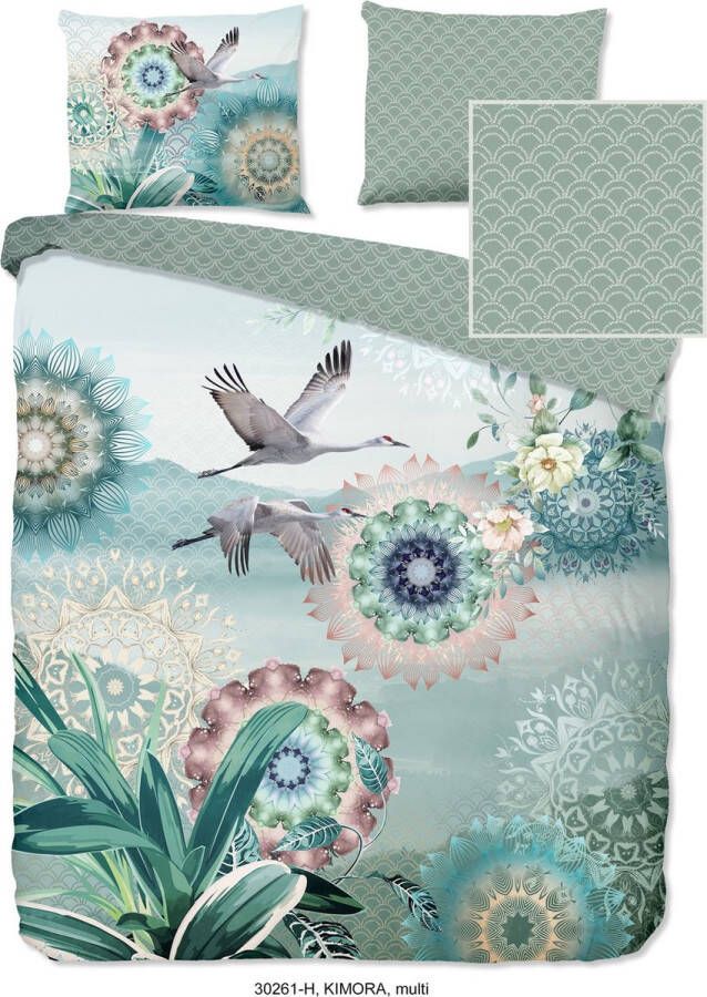 Hip Tweezijdig te gebruiken overtrekset Kimora Mako-satijn 135x200 Rits Omkeerbaar Mandala Vogel Groen