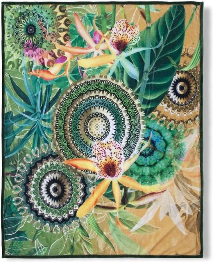 Hip Plaid Yissa Zeer zacht knuffeldeken 130x160 cm omkeerbaar mandala oker groen