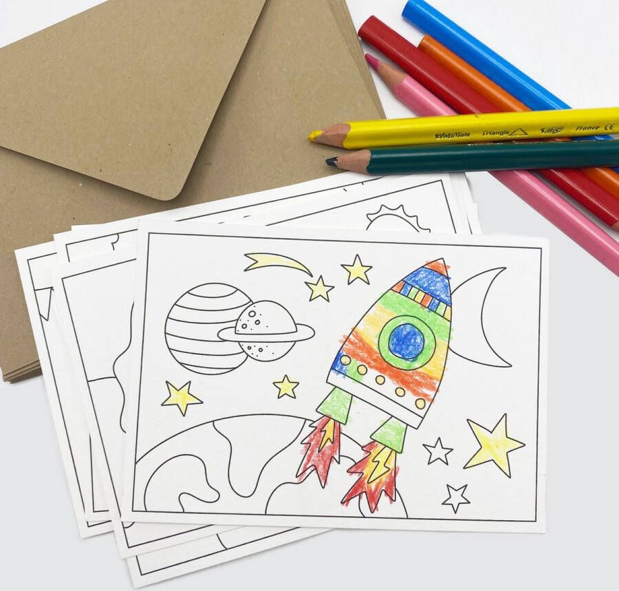 Hippekaartjeswinkel Inkleurkaarten kaarten om in te kleuren set van 8 Kinderkaarten met kraft enveloppen- DIY