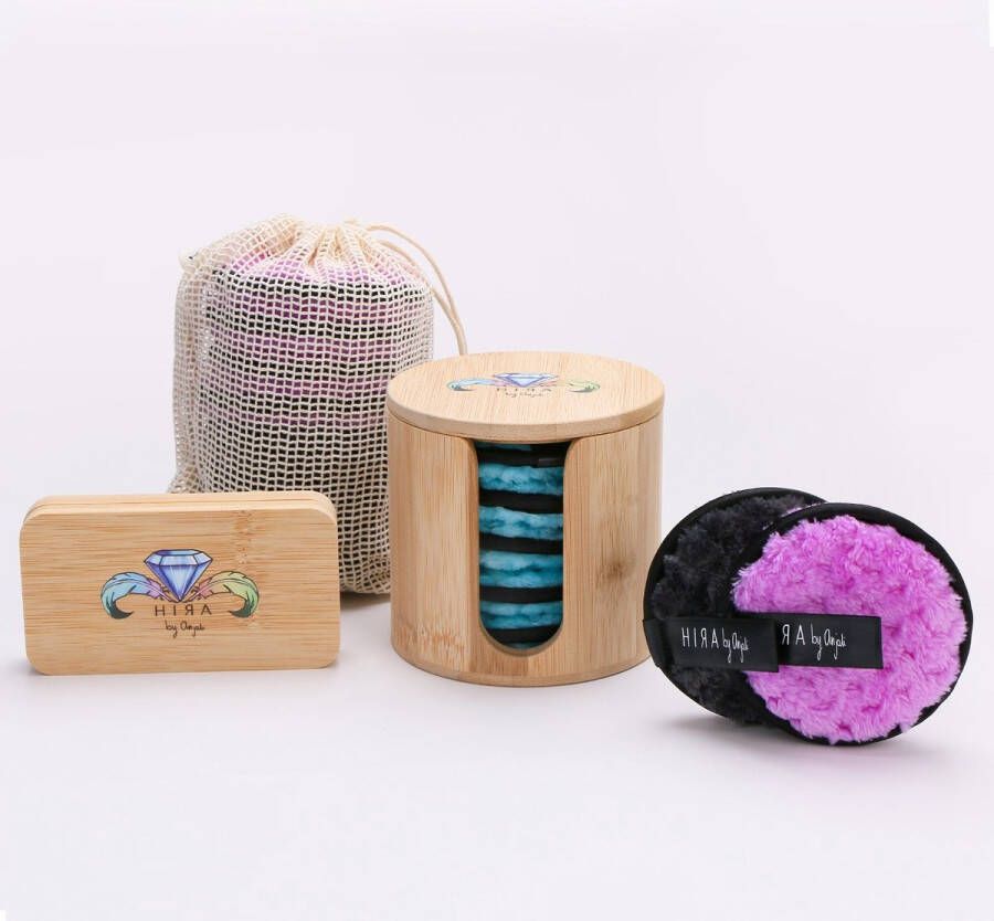 HIRA by Anjali Set met 4x wasbare wattenstaafjes en 5x herbruikbare wattenschijfjes – bamboe houders – makeup pads – oorstaafjes – zero waste kleur paars
