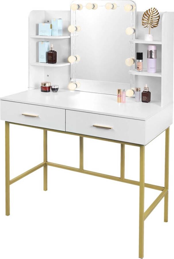 H.K.H STORE Kaptafel met Verlichting & Spiegel Toilettafel Kaptafels Make Up Tafel Bureau 90x45x136 cm Wit met goud