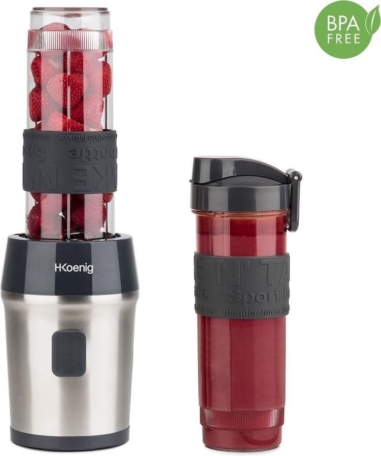 H.KOENIG -Krachtige Mini Smoothie Maker Mini blender- Perfect voor onderweg-Compact: 570 ml BPA-vrij 300W 2 flessen met deksel-zwart