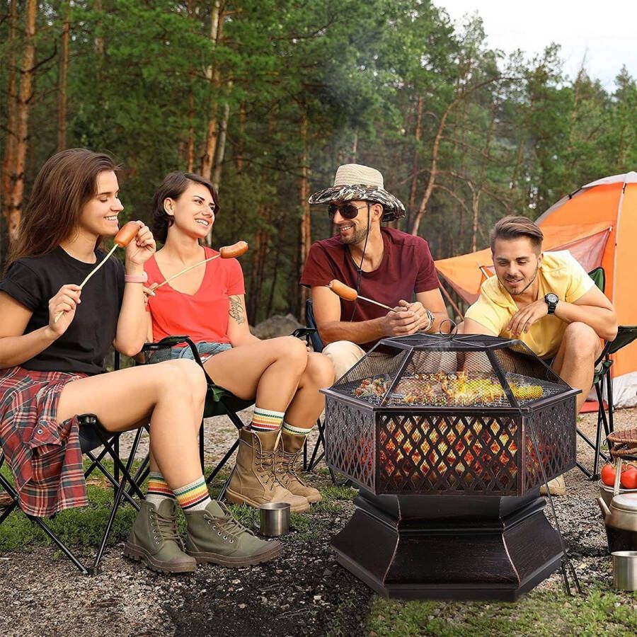 HMTM 76 x 76 x 63 cm zeshoekige vuurschaal met vonkbescherming voor tuin terras strand verwarming barbecue vuurschaal voor de tuin winterverwarming terras kampvuur en camping HM-YAHEE-591819