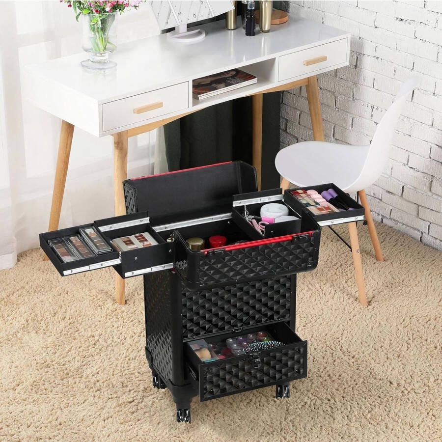 HMTM Aluminium cosmeticakoffer trolley multikoffer pilotentrolley make-upkoffer beauty case volledig zwart 34 x 24 x 55 cm make-upkoffer -MC-30005