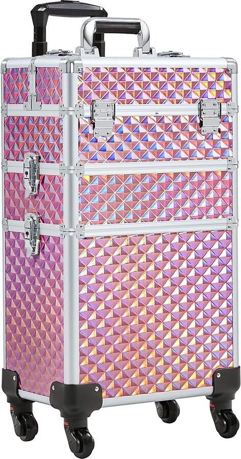HMTM 3-in-1 cosmeticakoffer afsluitbare make-upkoffer voor op reis grote trolley multikoffer kapperskoffer met universele wielen lichtroze 35 cm L × 23 5 cm B × 67 5 cm -30014