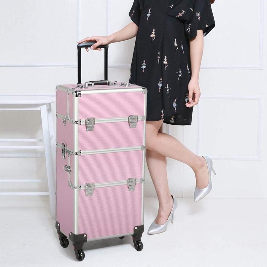 HMTM 3-in-1 kapperskoffer aluminium cosmeticakoffer trolley met sloten en draagriem roze -MC-30011