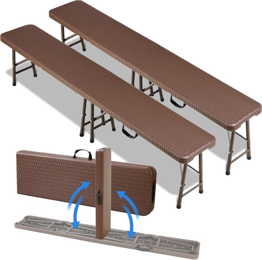 HMTM Set van 2 bierbanken inklapbaar vouwbank camping met handgreep opvouwbare campingbank 180 cm biertentbank partybank van HDPE-kunststof en stalen frame tuinbank rotan-look