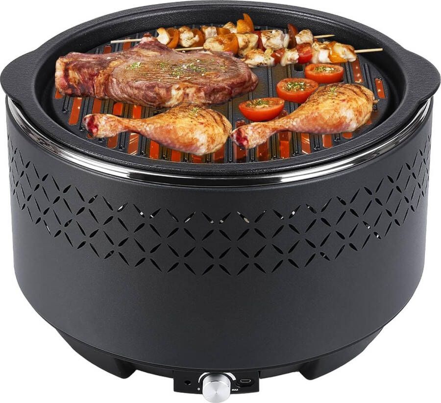 HMTM Houtskoolgrill met gietijzer rookvrije tafelgrill rookarme grill met opbergtas en afneembare ventilatorbox rookvrije houtskoolgrill ronde houtskoolgrill diameter 35 x 22 cm zwart