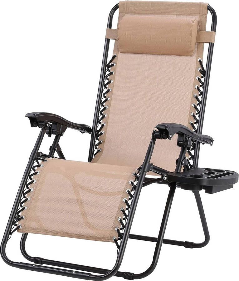 HMTM Inklapbare ligstoel met verstelbaar hoofdkussen en rugleuning relaxstoel voor lunchpauze met bekerhouder ergonomisch en ademend Beige lichtbruin