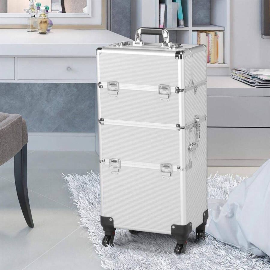 HMTM Kapperskoffer cosmeticakoffer aluminium cosmetica trolley 3-in-1 make-upkoffer make-up nail art koffer met 360 graden wielen zilver -MC-30008