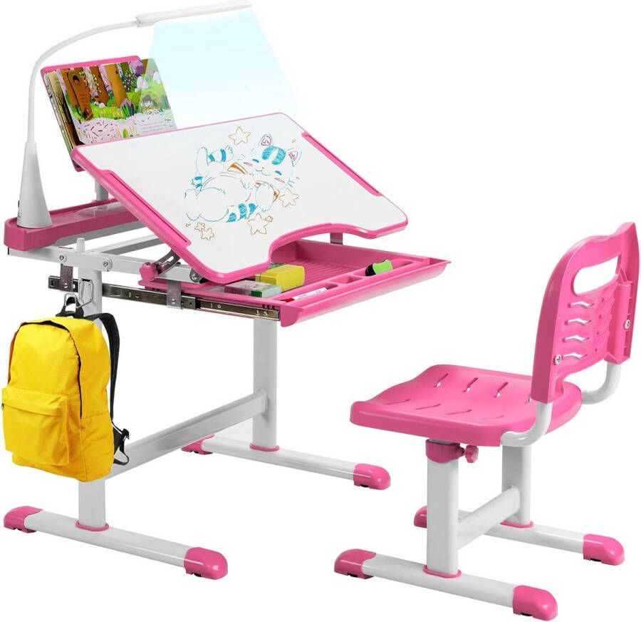 HMTM Kinderbureauset met boekenstandaard en ledlicht in hoogte verstelbare kindertafel en stoel met gekanteld tafelblad en lade kinderbureau voor jongens en meisjes (roze)-503