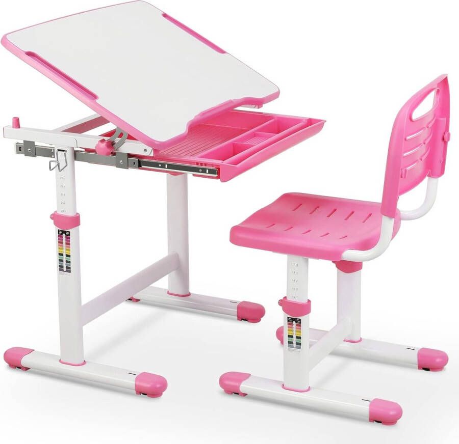 HMTM Kinderbureaustoel in hoogte verstelbaar kindertafelstoelset met kantelbaar tafelblad bureau kinderen meisjes en jongens jeugdbureau met lade roze 501