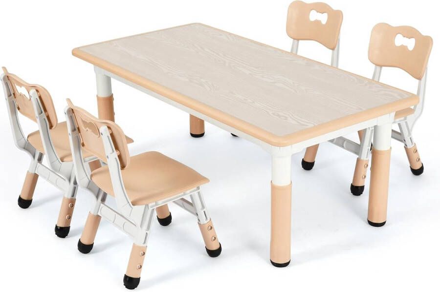 HMTM Kindertafel met 4 stoelen in hoogte verstelbaar tafelstoelset voor kinderkamer plastic kindermeubels zitgroep voor jongens en meisjes vanaf 2 jaar (geel vierkante tafel)