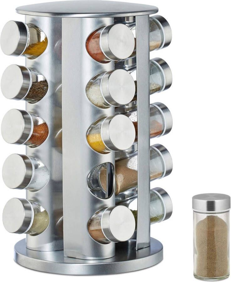 HMTM Kruidencarrousel met 20 kruidenpotjes 360° draaibaar kruidenpotjes om te strooien 34 5 cm hoog roestvrij staal zilver -SO-50001-Zilver