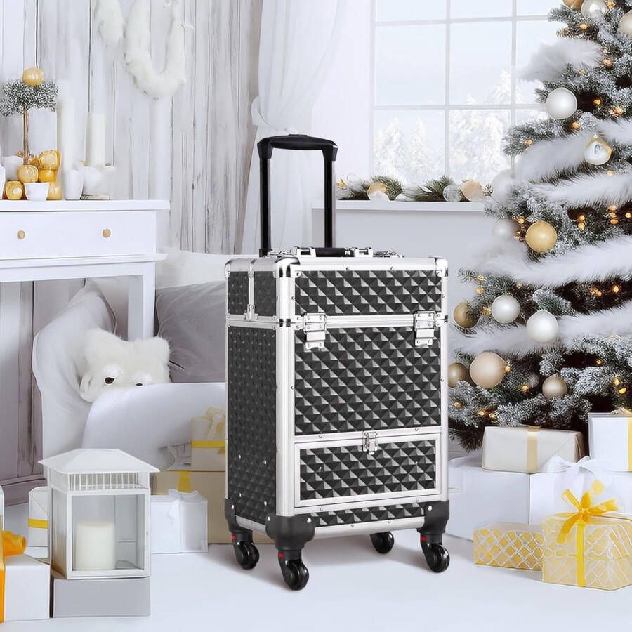 HMTM Make-uptrolley aluminium cosmeticakoffer trolley multifunctionele koffer pilotentrolley make-upkoffer beautycase zwart -MC-30007