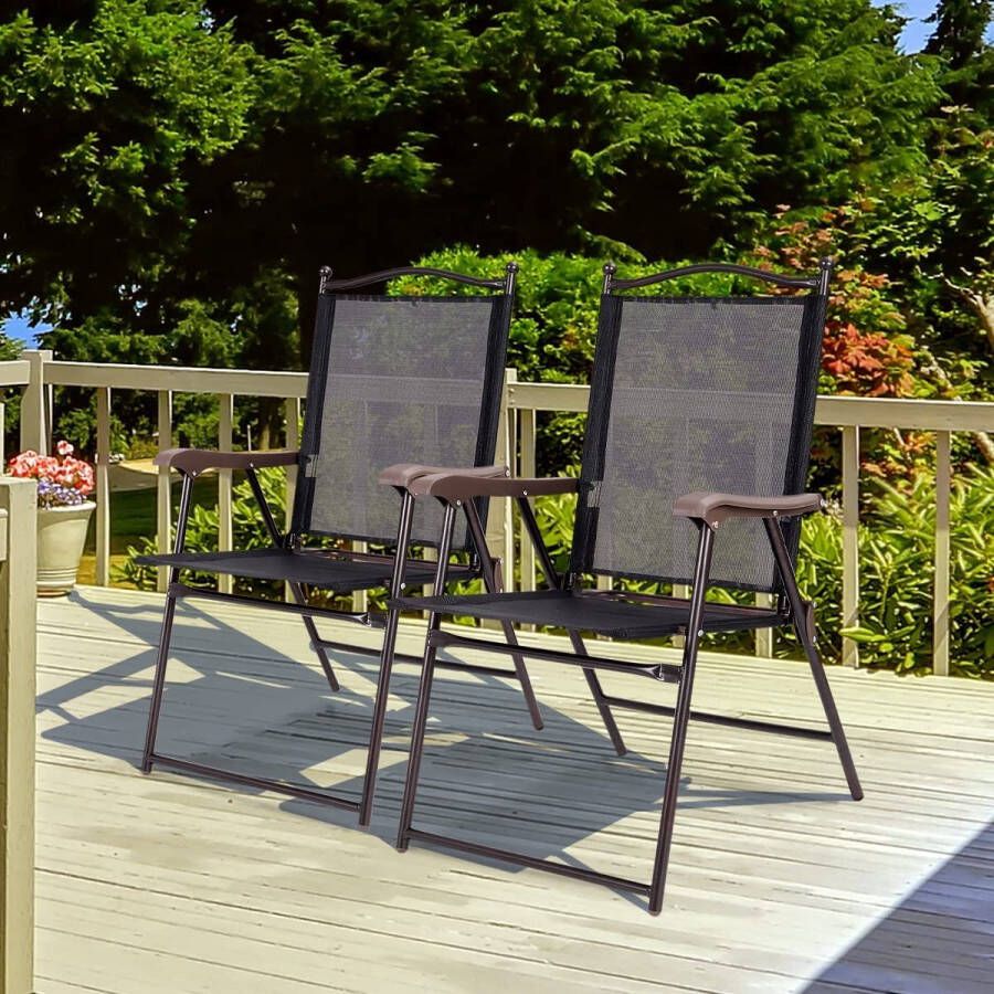 HMTM Tuinstoel voor buiten 2 stuks campingstoel draagbaar metalen frame rugleuning armleuningen tuinstoel voor buiten comfortabel voor binnenplaats terras zwembad strand terras (zwart bruin) op3568