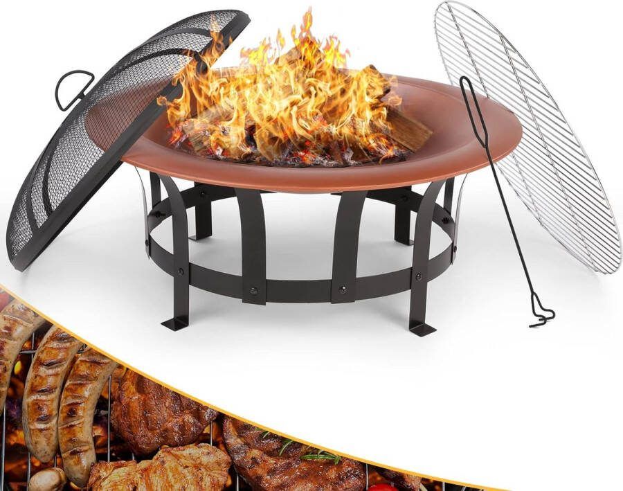 HMTM Vuurschaal (Φ76 cm) vuurschaal met vonkenvanger en rooster vuurschaal voor barbecue en verwarming vuurschaal voor de tuin retro design koperkleurige vuurschaal HJHP-035