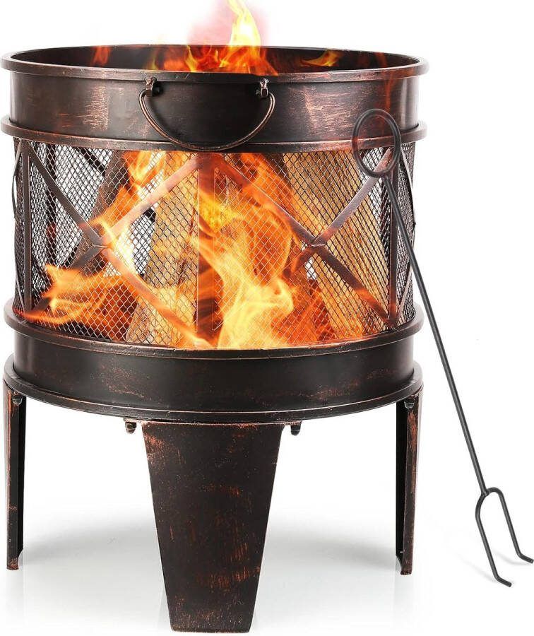 HMTM Vuurschaal met vonkbescherming 58 x 45 x 42 cm vuurschaal met handgrepen en pookhaken multifunctionele vuurschaal voor de tuin mooie nacht groot kampvuur grillverwarming antieke roestlook