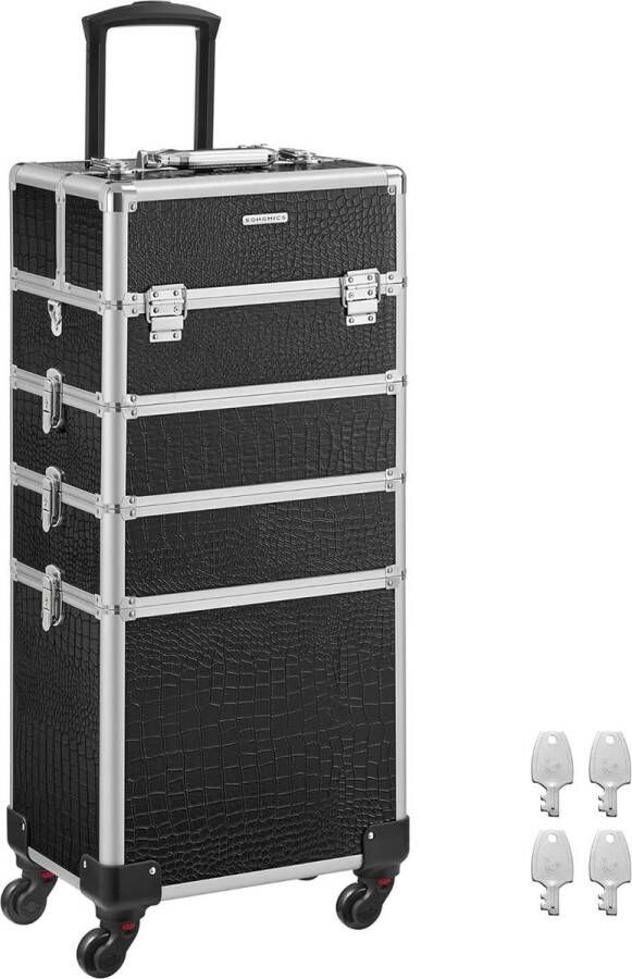 HMTM XXL Cosmetica koffer professionele make-up koffer 6 sleutels koffer voor op reis grote trolley voor kappers afsluitbaar met 360 ° roterende zwart -MC-30016
