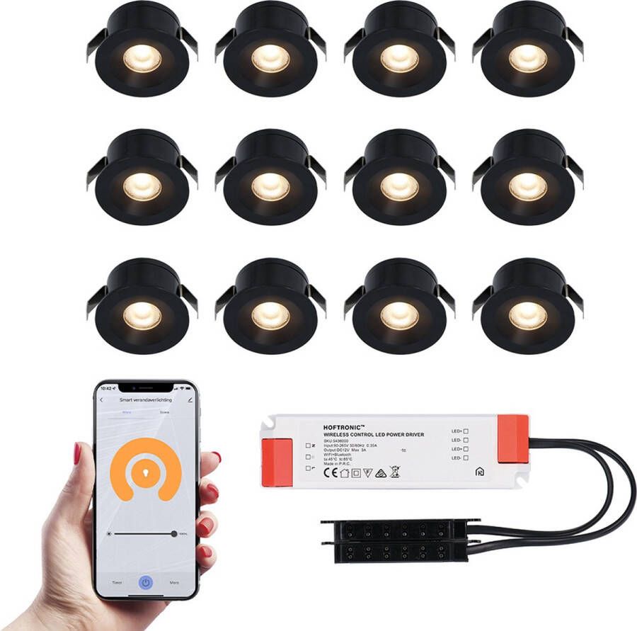 HOFTRONIC 12x Cadiz zwarte Smart LED Inbouwspots complete set Wifi & Bluetooth 12V 3 Watt 2700K warm wit