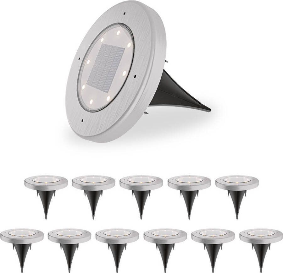 HOFTRONIC 12x Ellis Solar Grondspots Buiten RVS 8 LEDs IP65 waterdicht Solar tuinverlichting Incl. Schemerschakelaar tuinspot zonneenergie