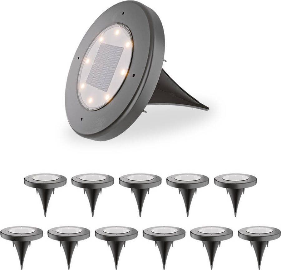 HOFTRONIC 12x Ellis Solar Grondspots Buiten Zwart 8 LEDs IP65 waterdicht Solar tuinverlichting Incl. Schemerschakelaar tuinspot zonneenergie