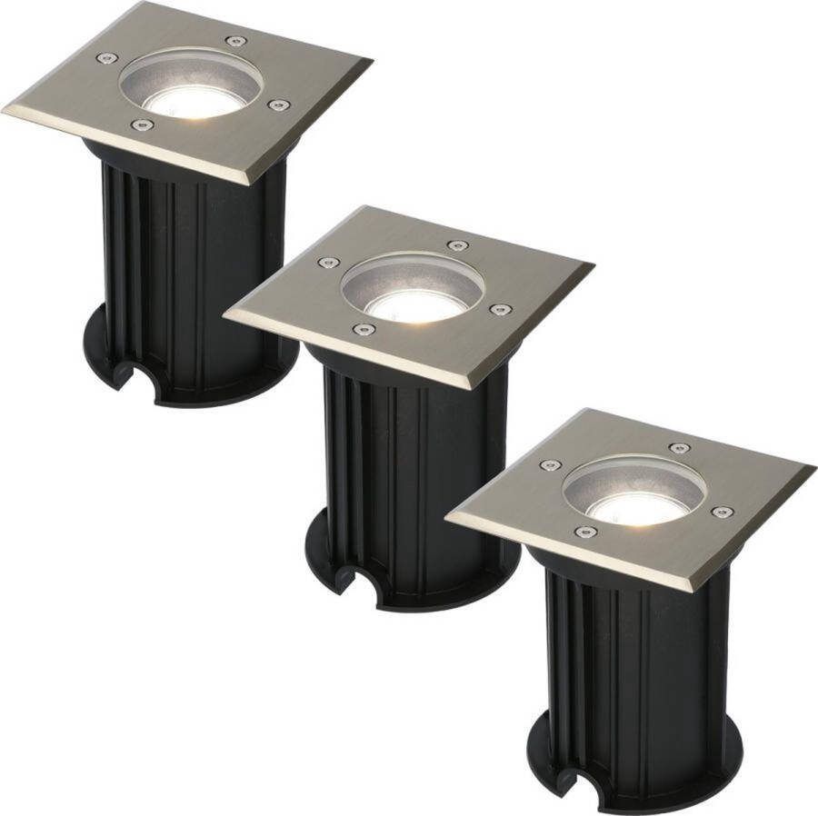 HOFTRONIC 3x Ramsay Grondspot RVS IP67 waterdicht 6000K Daglicht wit Dimbaar Verwisselbare GU10 Vierkant ook geschikt als padverlichting en vlonderverlichting