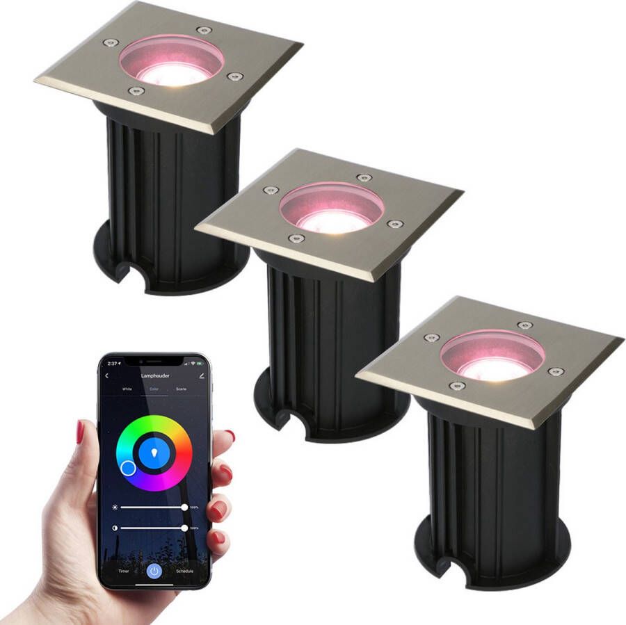 HOFTRONIC 3x Smart Ramsay grondspot voor buiten LED RVS Besturing via app WiFi Bluetooth Dimbaar Waterdicht Slimme verlichting 5.5 Watt 400 lumen 230V RGBWW Verwisselbare GU10 Compatibel met Google home en Amazon Alexa