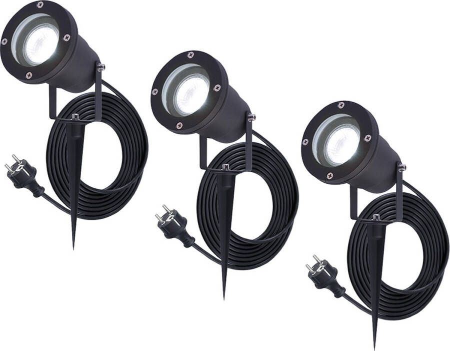 HOFTRONIC 3x Sydney GU10 Tuinspot voor buiten 1.5 Meter kabel met eurostekker 5 Watt 450 lumen Aluminium Prikspot met grondspies IP65 waterdicht 2700K warm wit Ook te gebruiken als wandspot Gazon spotlight Schijnwerper