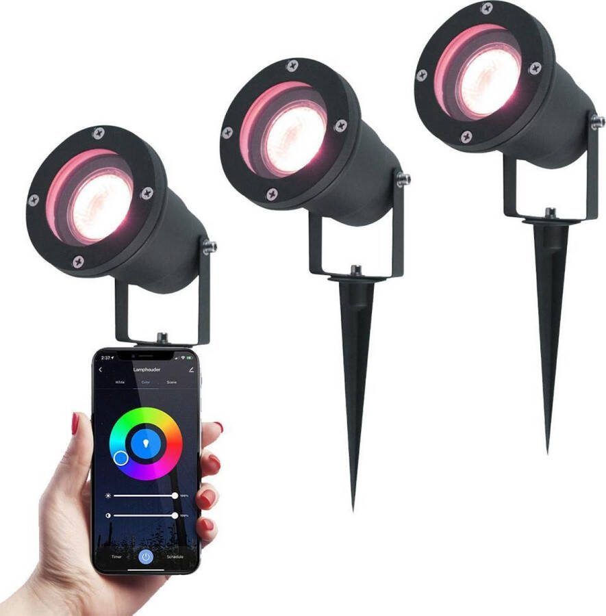 HOFTRONIC 3x Sydney Smart Prikspots WiFi + Bluetooth RGBWW 16 5 miljoen kleuren IP65 waterdicht 5 Watt 400 Lumen Zwart Slimme tuinspots voor buiten