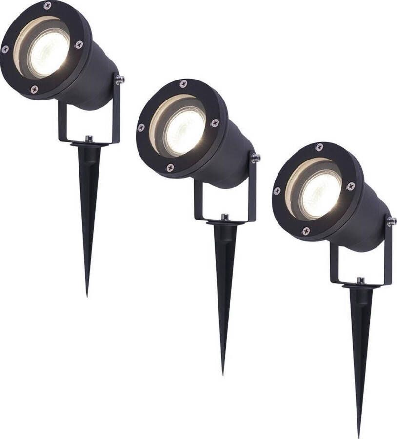 HOFTRONIC 3x Sydney Tuinspot voor buiten LED Zwart 4000K Neutraal wit Waterdicht 5 Watt 400 Lumen 230V Verwisselbare GU10 lamp Prikspot met grondspies Richtbaar Aluminium Voor het uitlichten van planten struiken en bomen