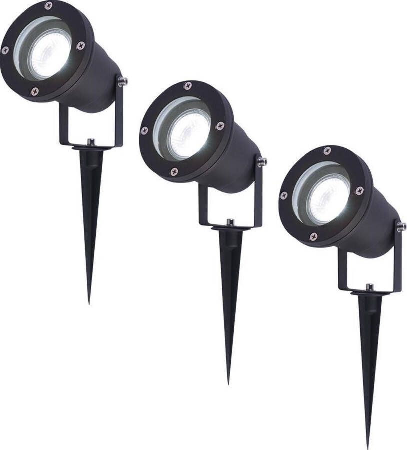 HOFTRONIC 3x Sydney Tuinspot voor buiten LED Zwart 6000K Daglicht wit Waterdicht 5 Watt 400 Lumen 230V Verwisselbare GU10 lamp Prikspot met grondspies Richtbaar Aluminium Voor het uitlichten van planten struiken en bomen