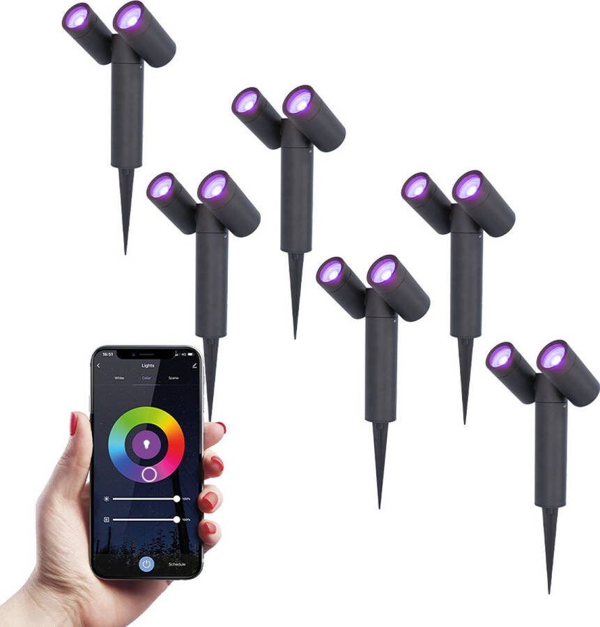 HOFTRONIC 6x Pinero double smart dimbare LED prikspot RGBWW WiFi & Bluetooth GU10 5.5 Watt Google assiant & Amazon Alexa Kantelbaar Tuinspot Voor buiten en binnen Zwart 3 jaar garantie