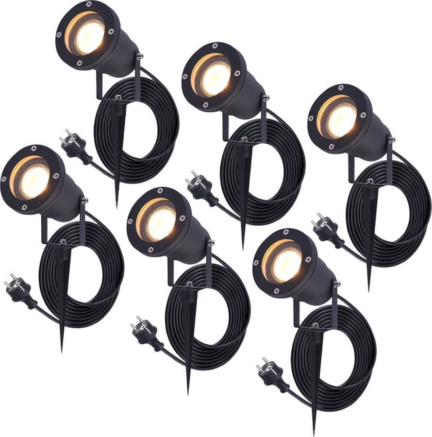 HOFTRONIC 6x Sydney GU10 Tuinspot voor buiten 1.5 Meter kabel met eurostekker 5 Watt 450 lumen Aluminium Prikspot met grondspies IP65 waterdicht 4000K Neutraal wit Ook te gebruiken als wandspot Gazon spotlight Schijnwerper