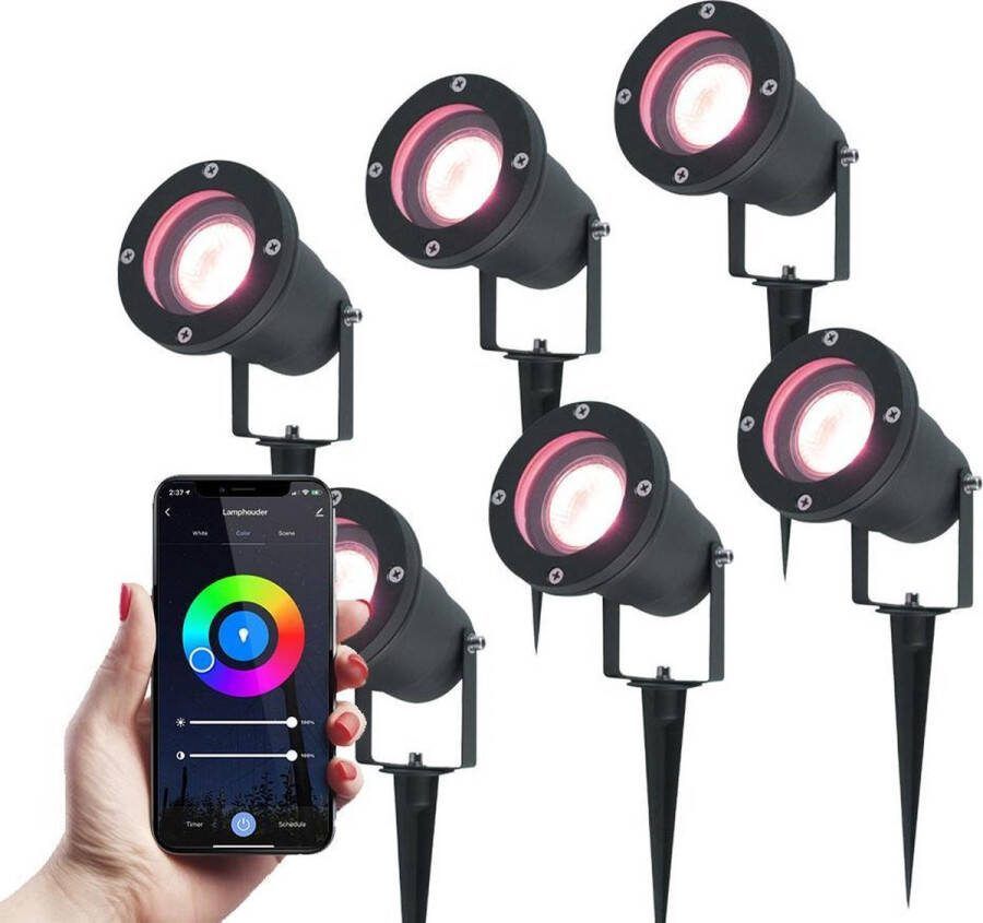 HOFTRONIC 6x Sydney Smart Prikspots WiFi + Bluetooth RGBWW 16 5 miljoen kleuren IP65 waterdicht 5 Watt 400 Lumen Zwart Slimme tuinspots voor buiten