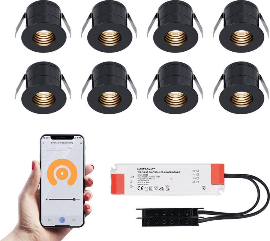 HOFTRONIC 8x Betty zwarte Smart LED Inbouwspots complete set Wifi & Bluetooth 12V 3 Watt 2700K warm wit