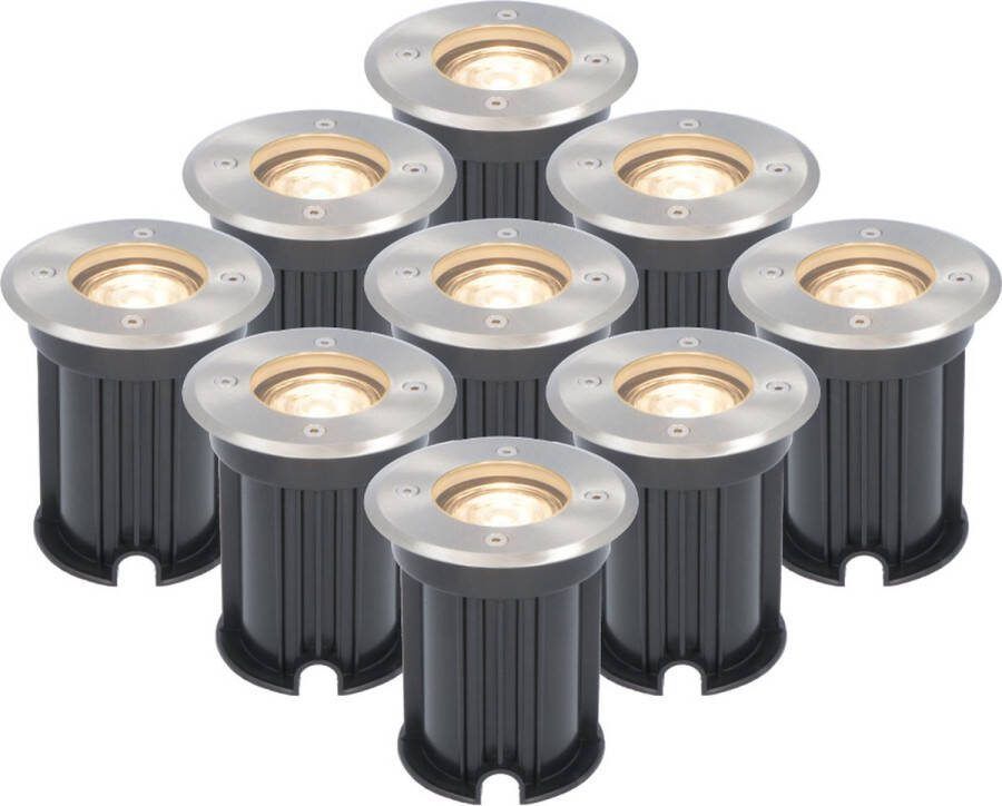 HOFTRONIC 9x Maisy LED Grondspots voor buiten Rond RVS IP65 waterdicht Verwisselbare GU10 5 Watt 2700K Warm wit Dimbaar Tuinspots en inbouwspots buiten voor in de grond 3 jaar garantie