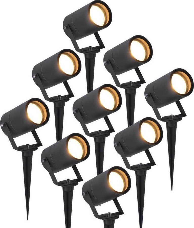 HOFTRONIC 9x Spikey Tuinspot voor buiten LED Zwart 2700K Warm wit Waterdicht 5 Watt 400 Lumen 230V Verwisselbare GU10 lamp Prikspot met grondspies Richtbaar Aluminium Voor het uitlichten van planten struiken en bomen