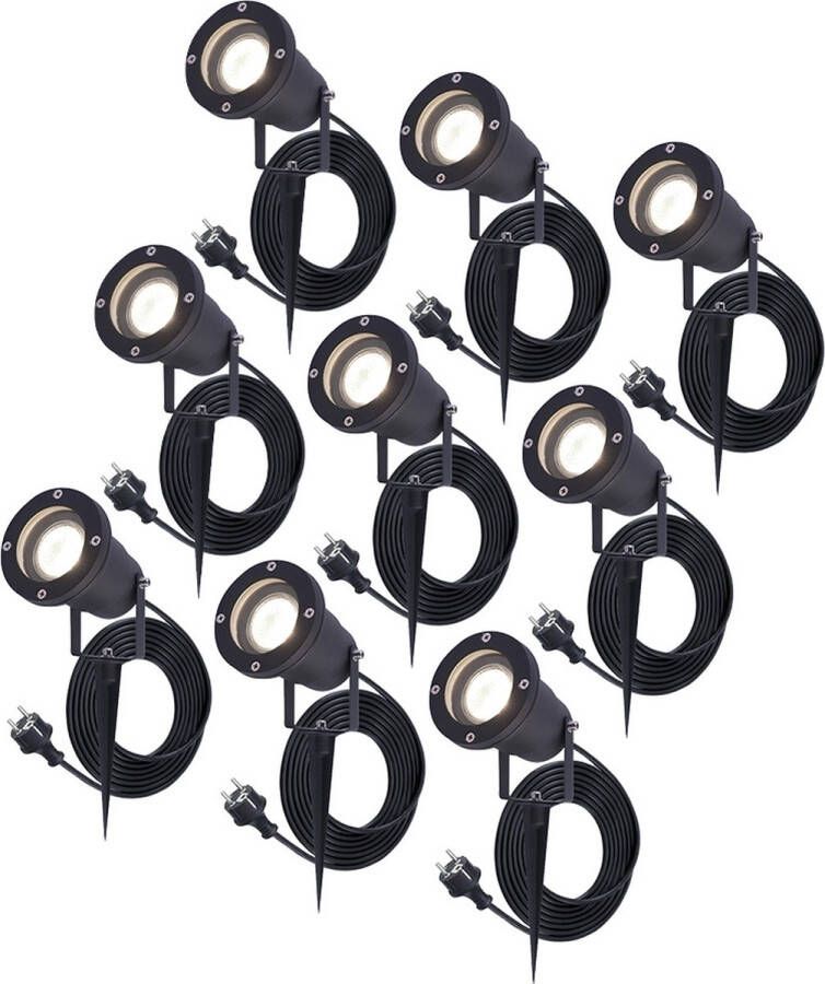 HOFTRONIC 9x Sydney GU10 Tuinspot voor buiten 1.5 Meter kabel met eurostekker 5 Watt 450 lumen Aluminium Prikspot met grondspies IP65 waterdicht 4000K Neutraal wit Ook te gebruiken als wandspot Gazon spotlight Schijnwerper