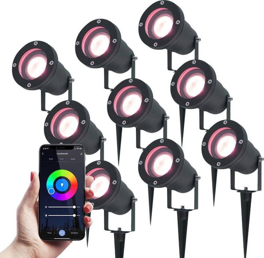 HOFTRONIC 9x Sydney Smart Prikspots WiFi + Bluetooth RGBWW 16 5 miljoen kleuren IP65 waterdicht 5 Watt 400 Lumen Zwart Slimme tuinspots voor buiten