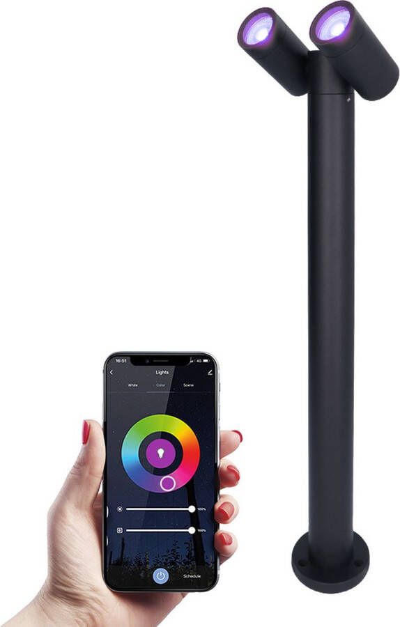 HOFTRONIC Aspen double Smart WiFi & Bluetooth LED sokkellamp 60cm Kantelbaar incl. 2x GU10 RGBWW IP65 Google Home en Amazon Alexa Zwart Buitenlamp geschikt als padverlichting