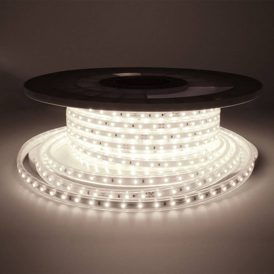 HOFTRONIC Flex60 Dimbare LED Strip 25m 6000K daglicht wit 60 LEDs per meter 2835 High Lumen 308 Lumen per meter IP65 voor binnen en buiten Waterdicht en UV bestendig Per meter inkortbaar Incl. Netvoeding en eurostekker